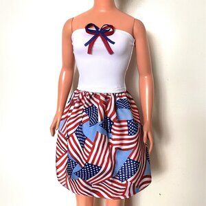 White top, mini skirt with USA American flags print, for My Size Barbie Doll New